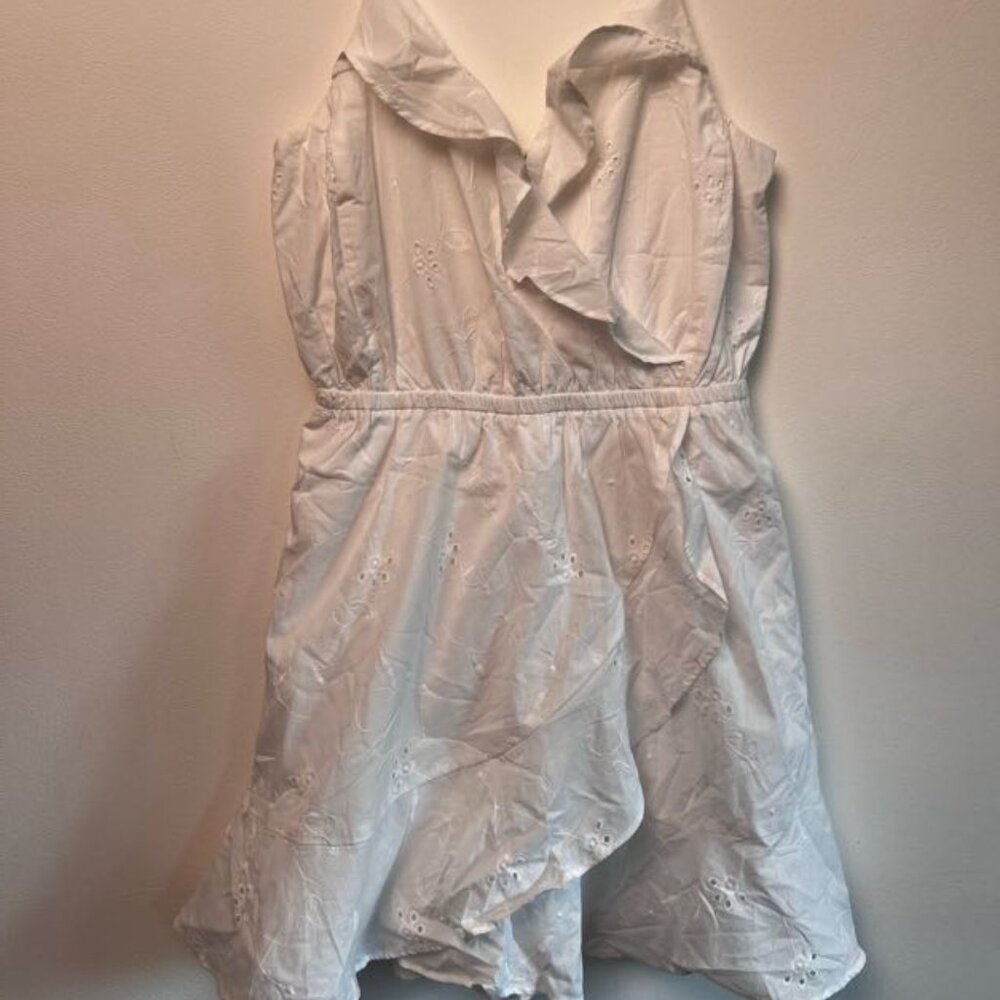 express white eyelet dress with a ruffled neckline and hem